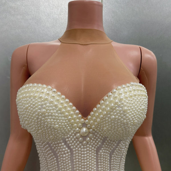 Trendy Pearl Halter Backless Bodysuit