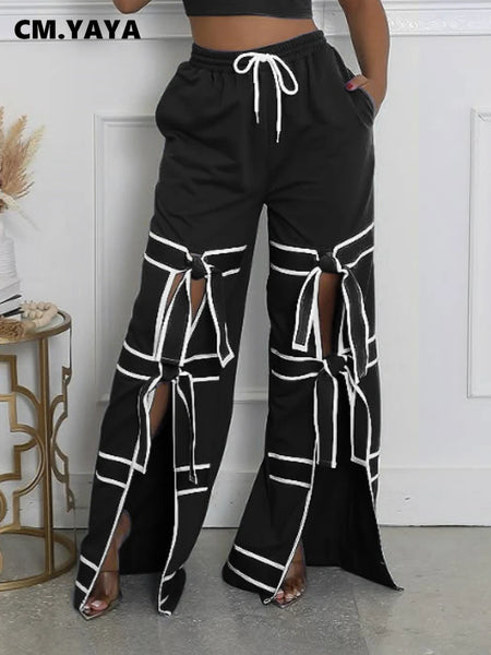 Trendy Wide Leg Hollow Out Bow Pants
