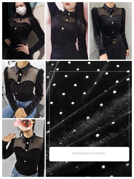Trendy Black Polka Dot Velvet Mesh Blouse - TrendsetterbyTracy Boutique
