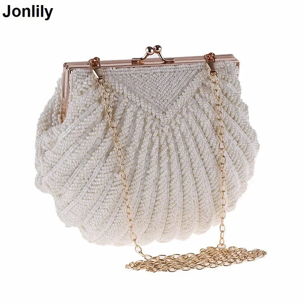 Trendy Clutch Pearl Beaded Shell Chain Party Bag - TrendsetterbyTracy Boutique