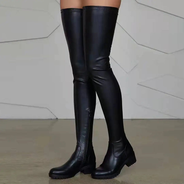 Trendy Fitted Leather Thigh High Heel Boots - TrendsetterbyTracy Boutique