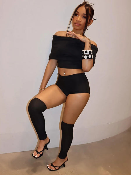 Trendy Crop Pullover Mid Top With Mini Shorts Set