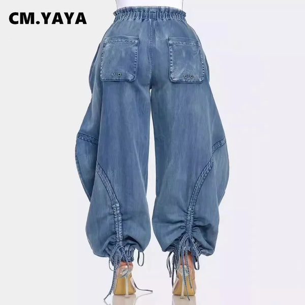 Trendy Bow Cargo Blue Denim Pants