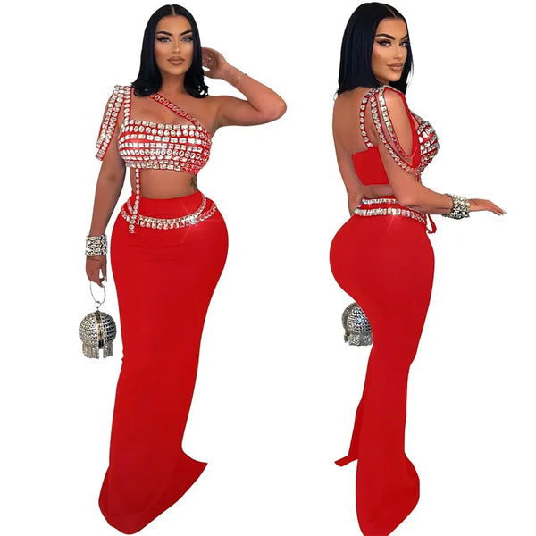 Trendy Bedazzled Gems Crop Top And Long Skirt Set