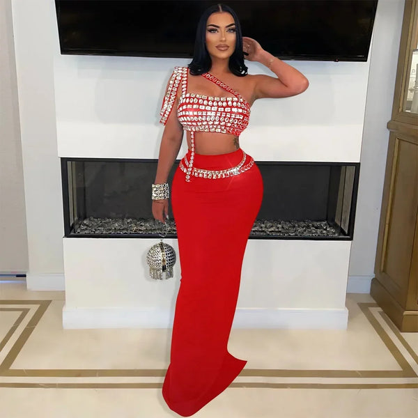 Trendy Bedazzled Gems Crop Top And Long Skirt Set