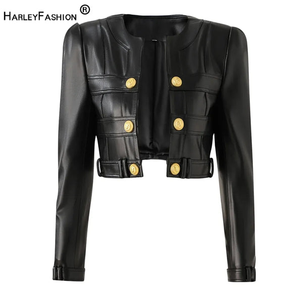 Trendy Black Crop Leather Jacket With Gold Buttons - TrendsetterbyTracy Boutique