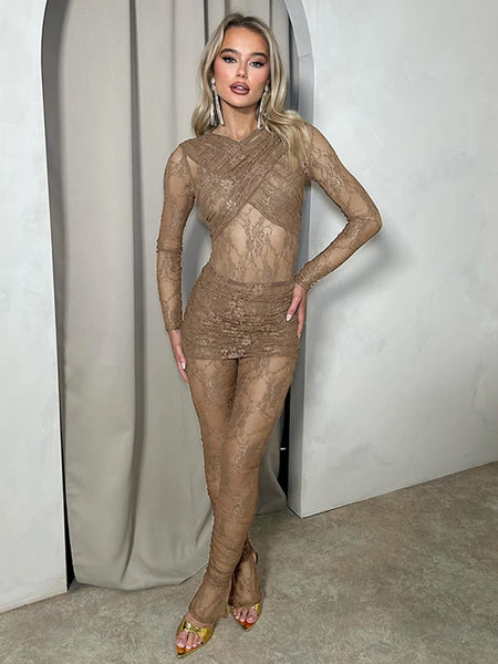 Trendy Crop Top And Bottom Lace Mesh Set