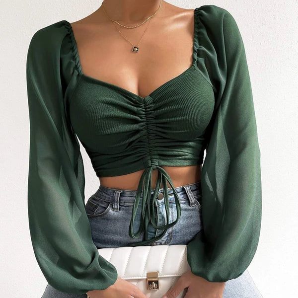 Trendy Mesh Drawstring Long Sleeve Blouse