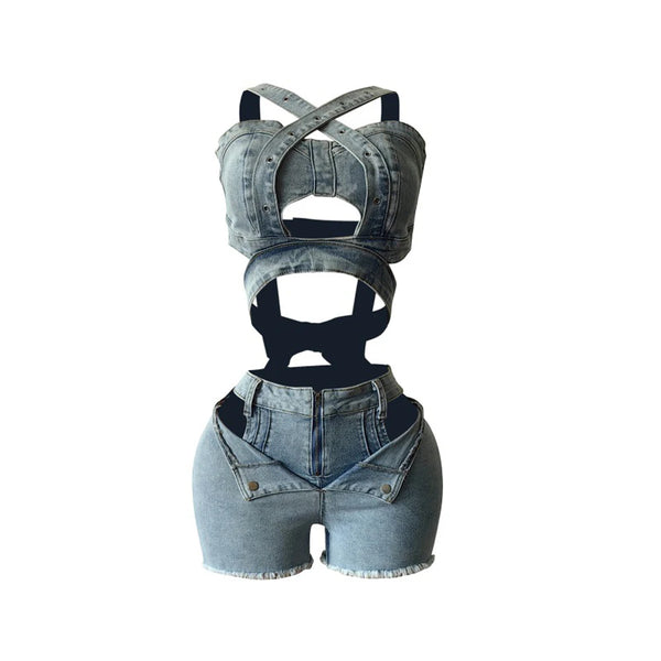 Trendy Denim Hollow Out Short Romper
