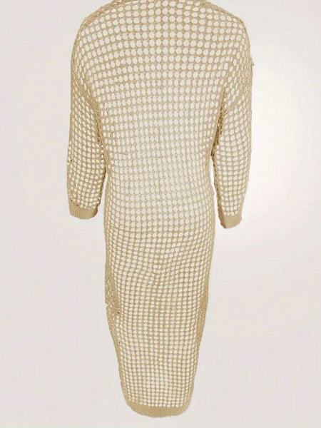 Trendy Long Knit Cardigan Sweater With Hollow Out And Open Front