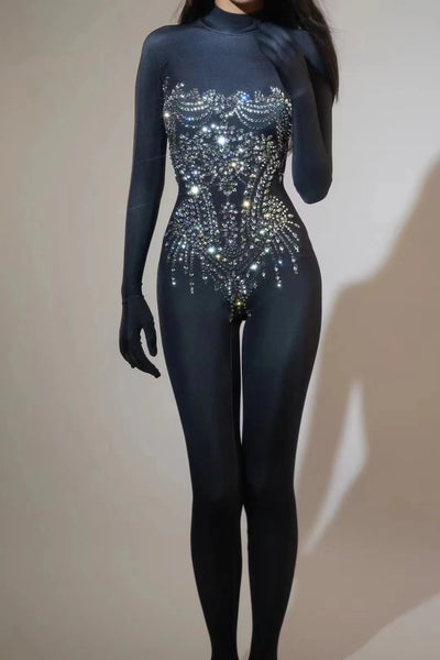 Trendy Black Long Sleeve Diamond Jumpsuit