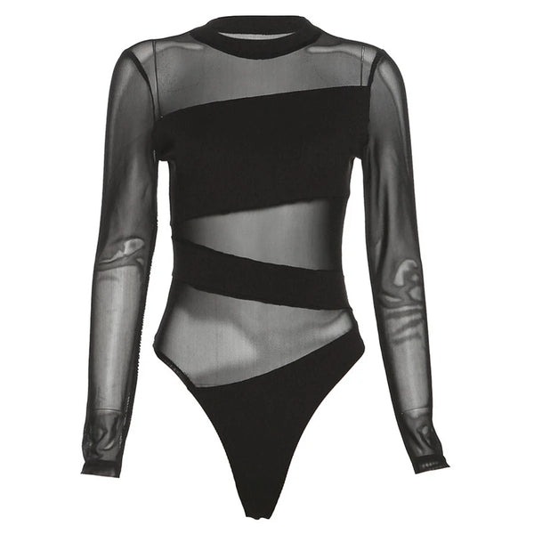 Trendy Black Cross Cut Mesh Bodysuit