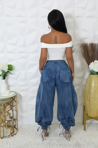 Trendy Bow Cargo Blue Denim Pants
