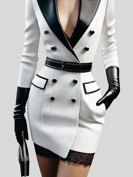 Trendy White & Black Blazer Jacket Mini Dress With Belt
