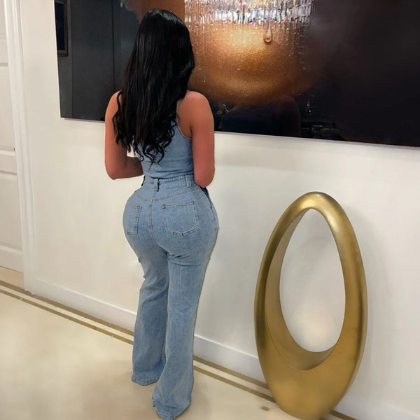 Trendy Denim One Shoulder Hollow Out Romper