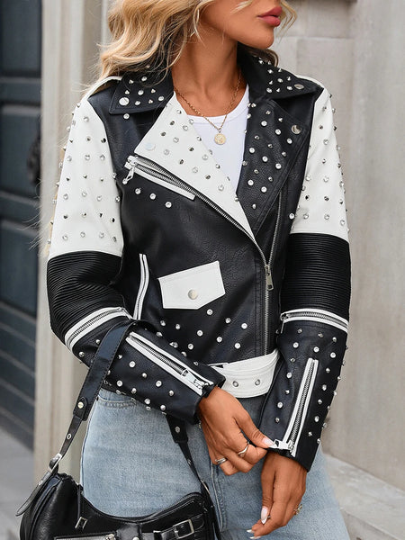 Trendy Autumn Black & White Faux Leather Jacket
