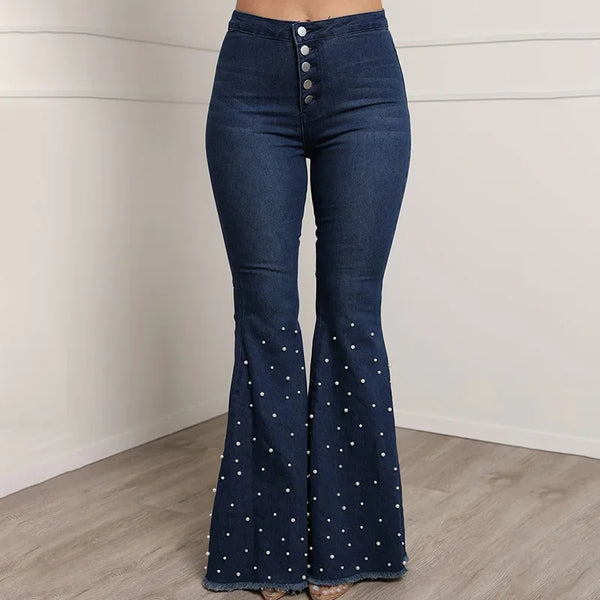 Trendy Rhinestone Flare Stoned Washed Denim Jeans