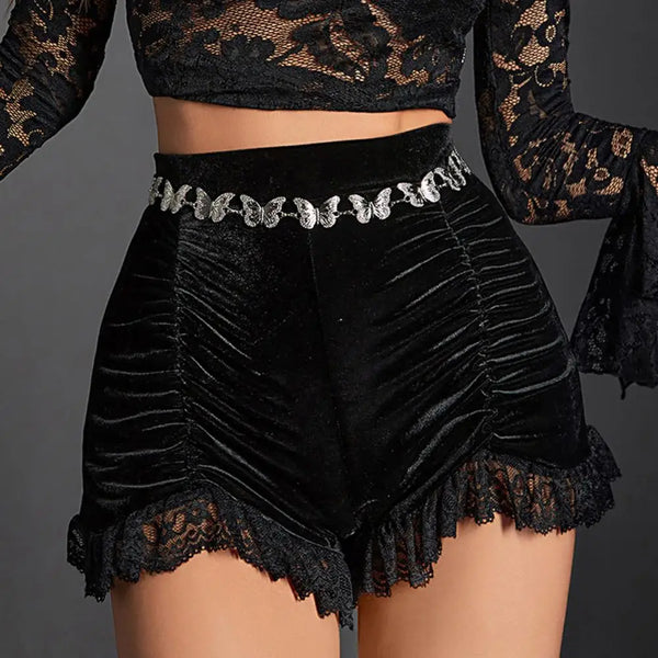 Trendy Suede Lace Hem Black Shorts
