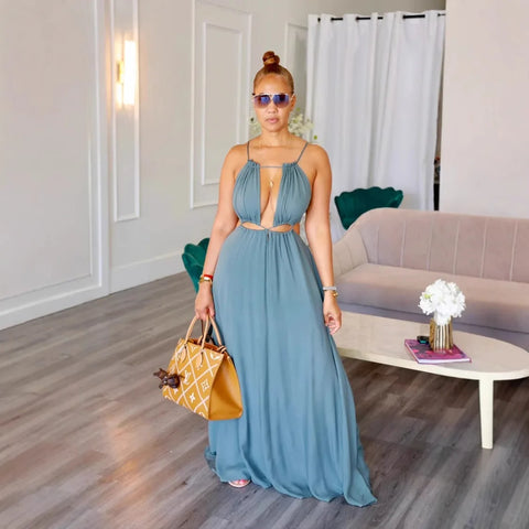 Trendy Sling Hollow Out Sleeveless Maxi Dress