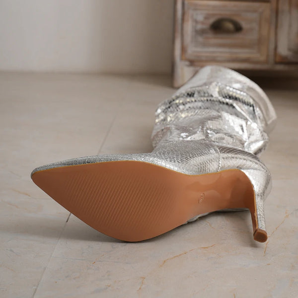 Trendy Silver Pointed High Knee Scrounged Boots