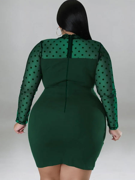 Trendy Plus Size Long Sleeve Polka Dot Mesh Dress