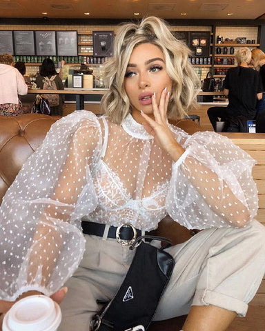 Trendy Mesh Lace Puff Polka Dot Blouse