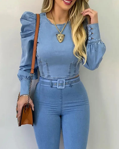 Trendy Puff Sleeve Denim Corset Top