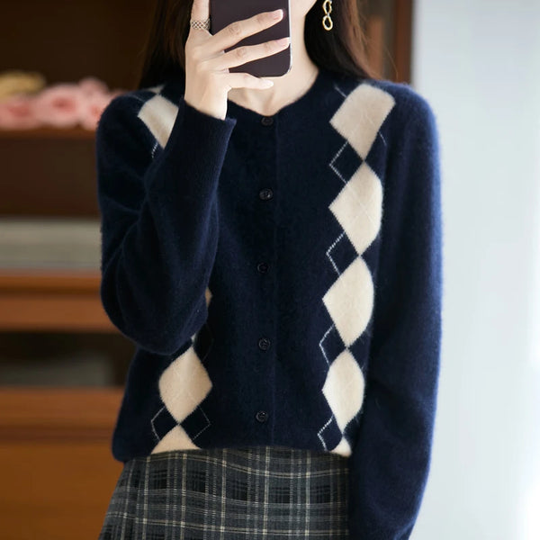 Trendy Merino Wool O-neck Diamond Grid Cardigan Sweater