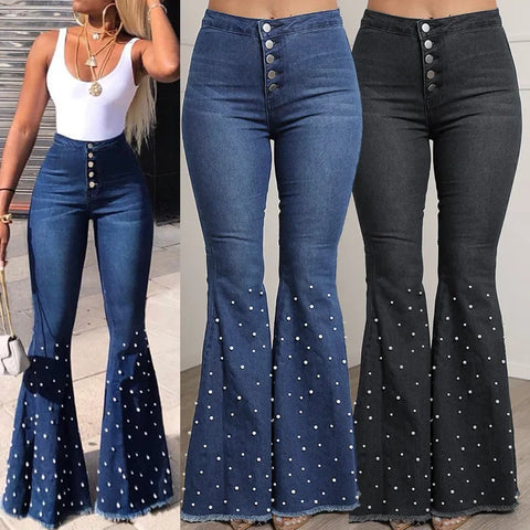 Trendy Rhinestone Flare Stoned Washed Denim Jeans