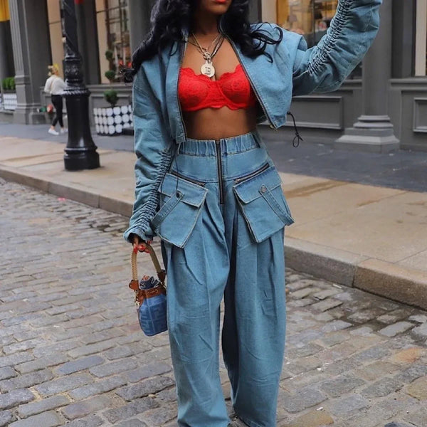 Trendy Retro Wide Loose Denim Two Piece Set