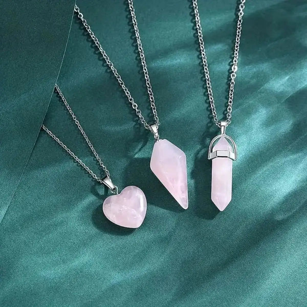 Trendy 3pcs Rose Quartz Necklaces Pendants Set