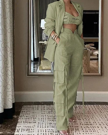 Trendy Business Casual Cargo Flare Pants And Blazer Set