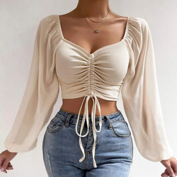 Trendy Mesh Drawstring Long Sleeve Blouse