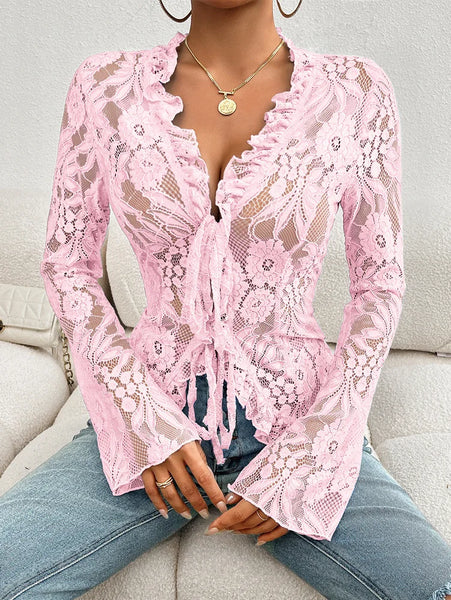Trendy Lace Mesh Chiffon Long Sleeve Blouse