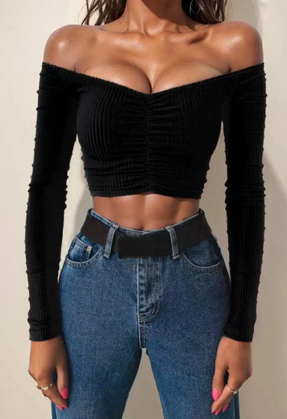 Trendy Off Shoulder Long Sleeve Cropped Blouse - TrendsetterbyTracy Boutique