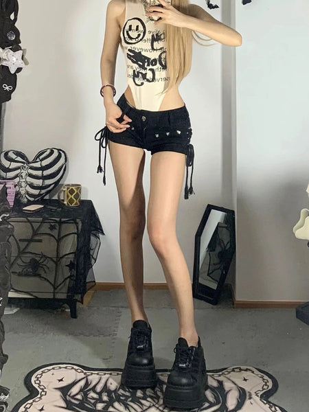 Trendy Lace Up Black Retro Shorts