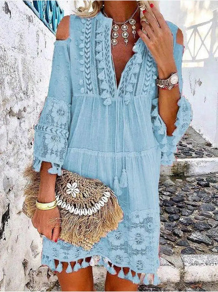 Trendy Crochet Lace Off The Shoulder Boho Dress