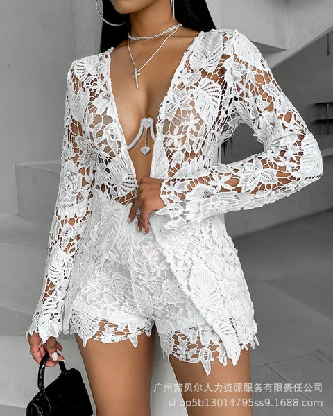Trendy Hollow Out White Lace Cardigan Top And Bottom Set