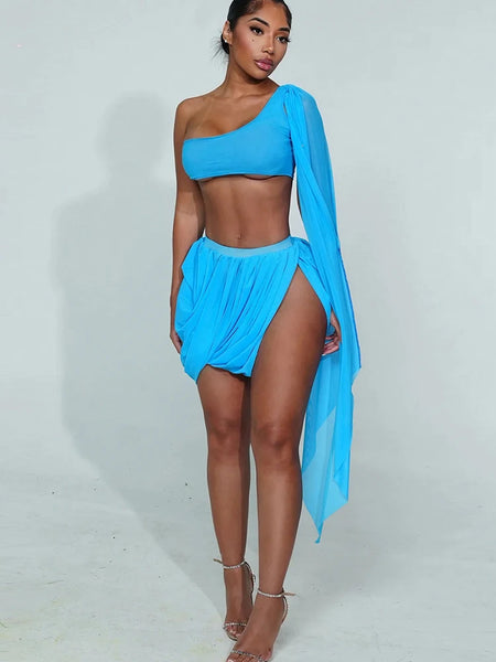 Trendy One Sleeve Mesh Fringed Crop Top And Skirt Set