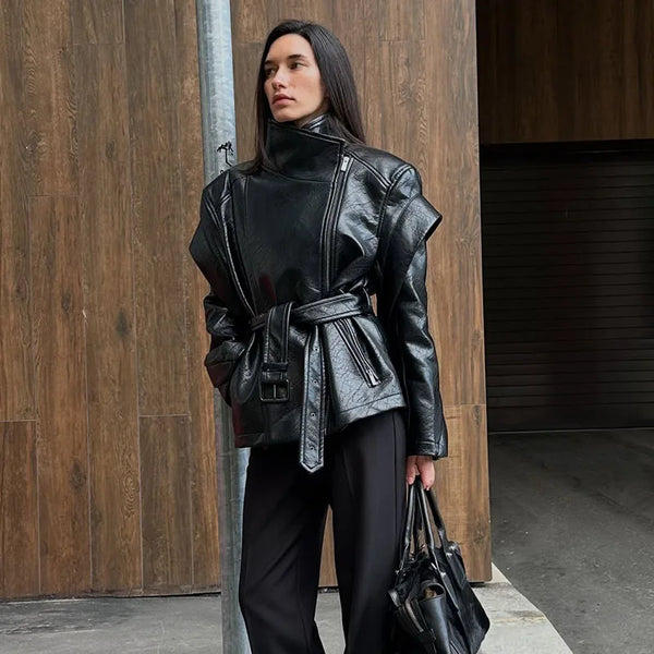 Trendy Retro Black Leather Belted Coat