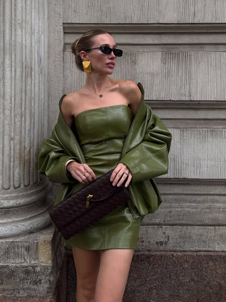 Trendy Green  Biker Leather Jacket and Skirt Set