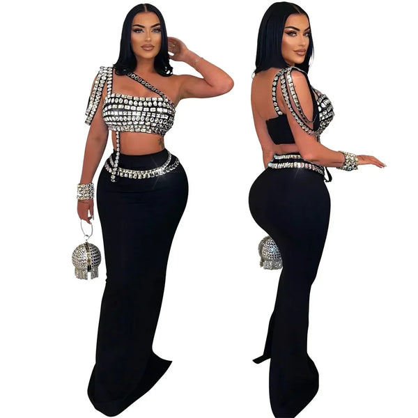 Trendy Bedazzled Gems Crop Top And Long Skirt Set