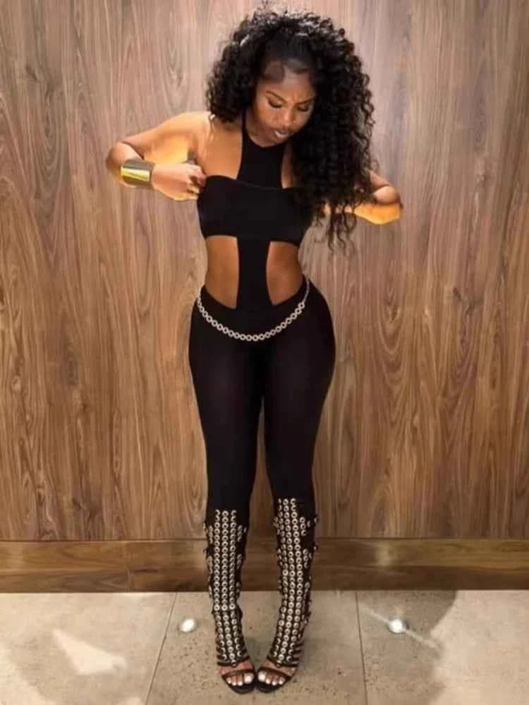 Weird Puss Sexy Backless 2 Piece Set Women Stretch Tube Top+Skinny Halter Jumpsuit Fitness Street Matching Party Club Overalls