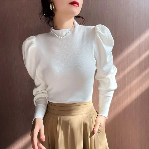 Trendy Turtle Neck Puff Flare Sleeve Blouse