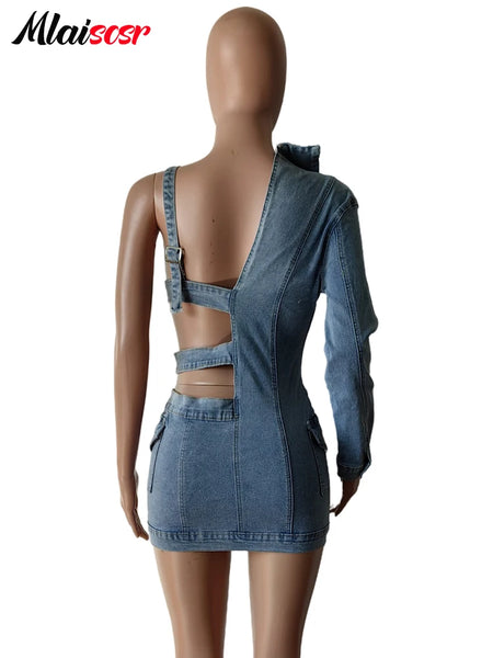 Trendy Blue Stretch Denim One Shoulder Mini Dress