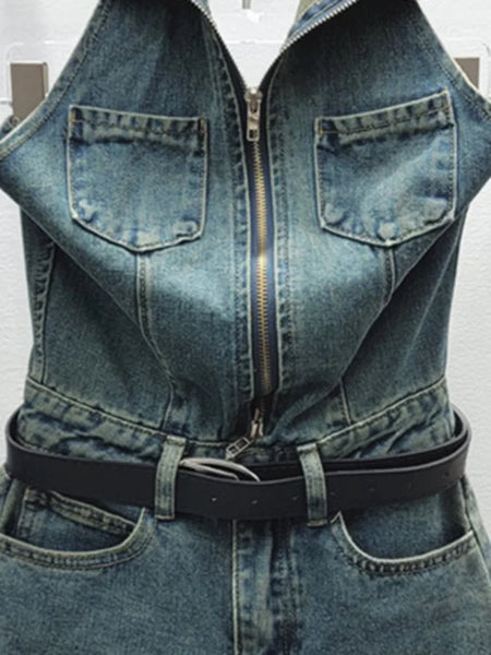 Trendy Halter Denim Shorts Set with Belt