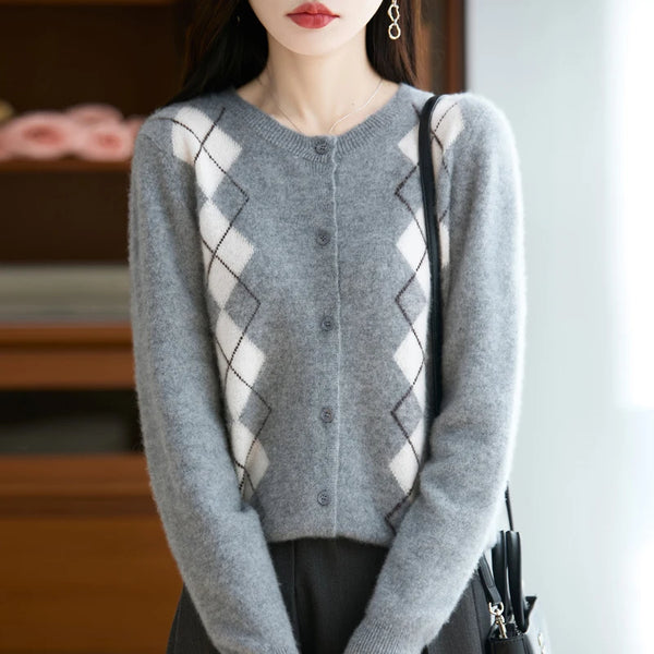 Trendy Merino Wool O-neck Diamond Grid Cardigan Sweater
