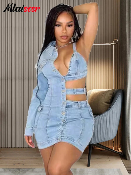 Trendy Blue Stretch Denim One Shoulder Mini Dress