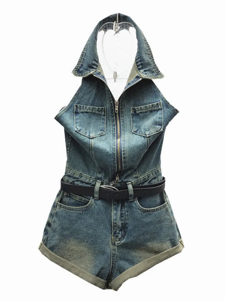 Trendy Halter Denim Shorts Set with Belt