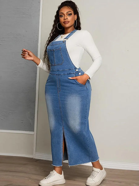 Trendy Plus Size Denim Overall Jean Dress With Front Slit